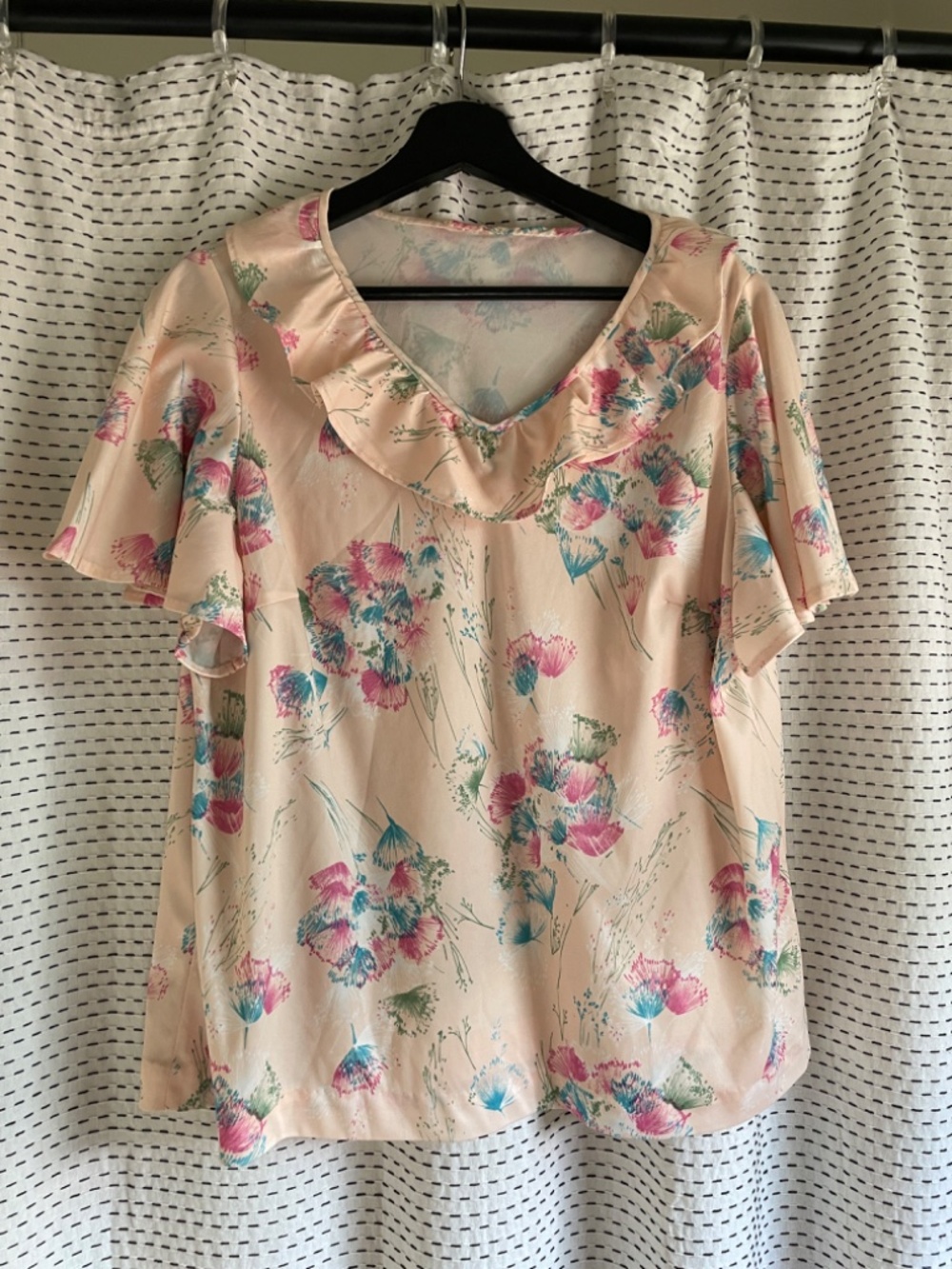 Vintage Floral Ruffle Neck Blouse | Pink Multicolor Short Sleeve Top
